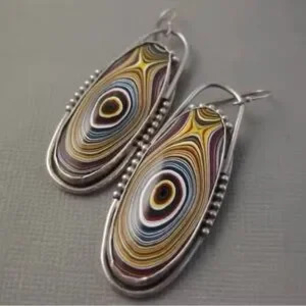 Oval Boho Handmade Metal Inlaid Round Brown Stone Dangle Earrings